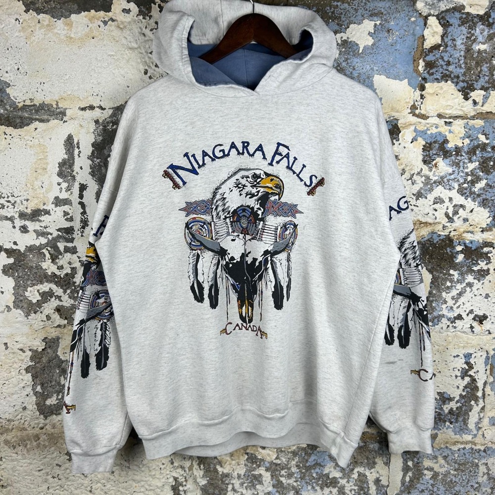 Vintage Graphic Hoodie Mens 2XL Grey Good 90s Niagara Falls Eagle Buffalo Skull